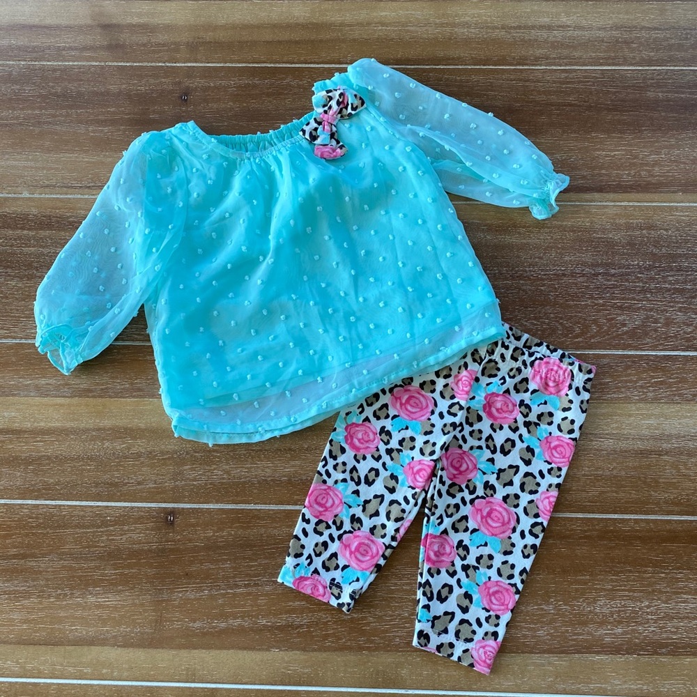 Healthtex teal, rose and leopard 2-piece set